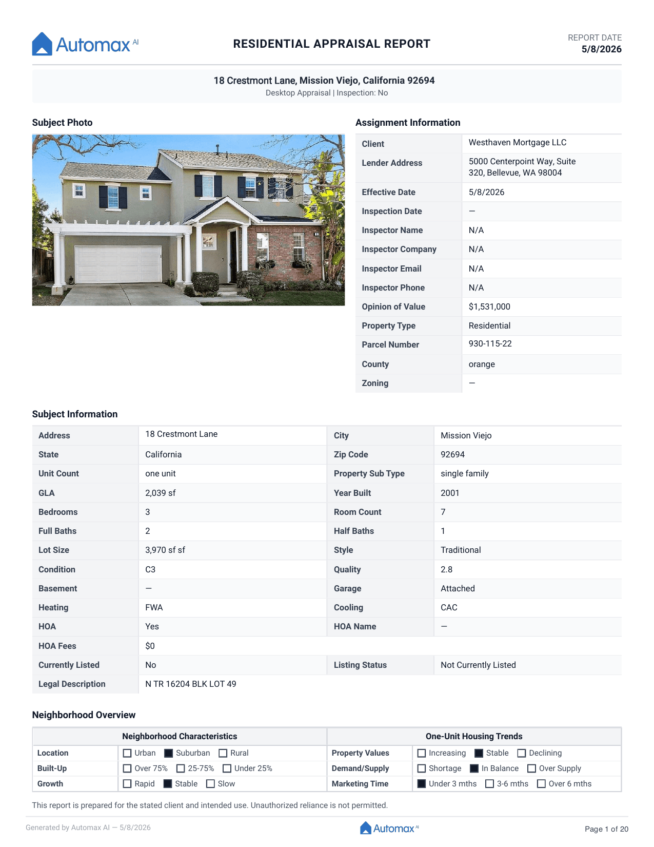 Signed appraisal report page 1